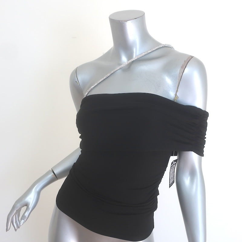 Herve Leger Diana Crystal-Strap Asymmetric Top Black Jersey Size Extra Small NEW