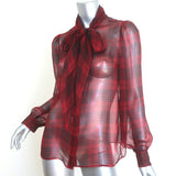 Saint Laurent Pussy Bow Checked Blouse Red/Black Chiffon Size 40 Long Sleeve Top