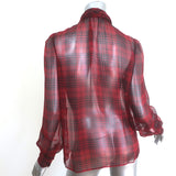 Saint Laurent Pussy Bow Checked Blouse Red/Black Chiffon Size 40 Long Sleeve Top