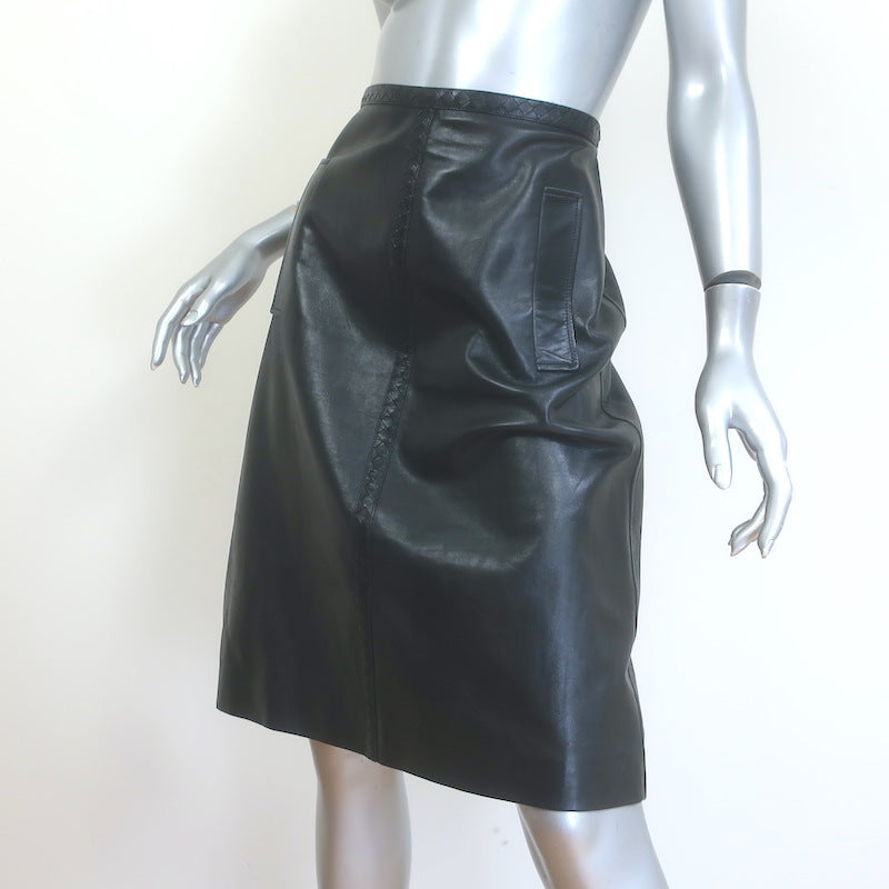 Bottega Veneta Intrecciato-Trimmed Leather Skirt Black Size 42