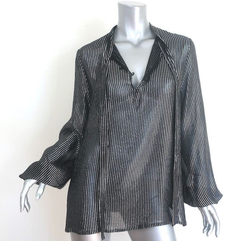 Saint Laurent Lurex-Striped Tie Neck Blouse Black &amp; Silver Chiffon Size 42