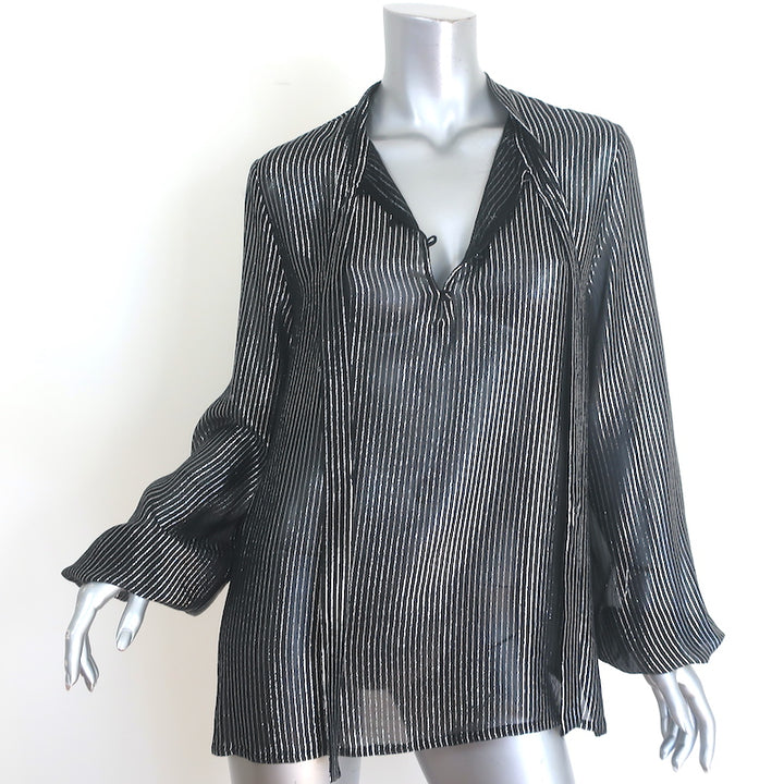 Saint Laurent Lurex-Striped Tie Neck Blouse Black &amp; Silver Chiffon Size 42