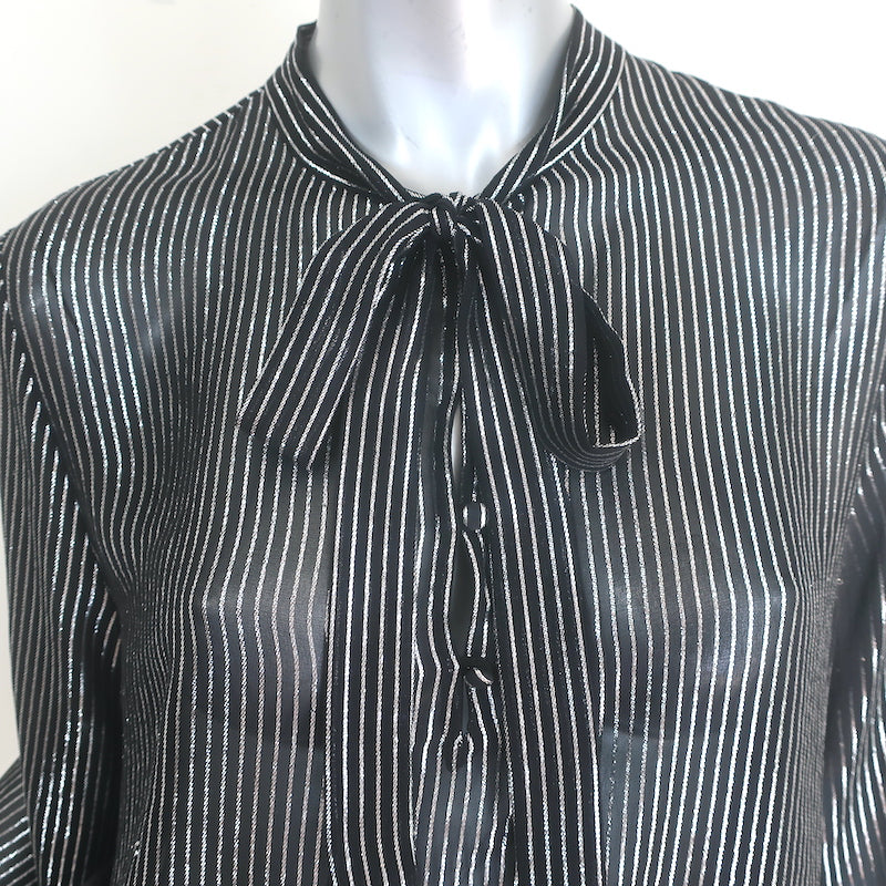 Saint Laurent Lurex-Striped Tie Neck Blouse Black &amp; Silver Chiffon Size 42