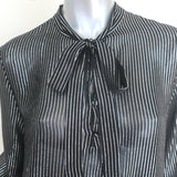 Saint Laurent Lurex-Striped Tie Neck Blouse Black & Silver Chiffon Size 42