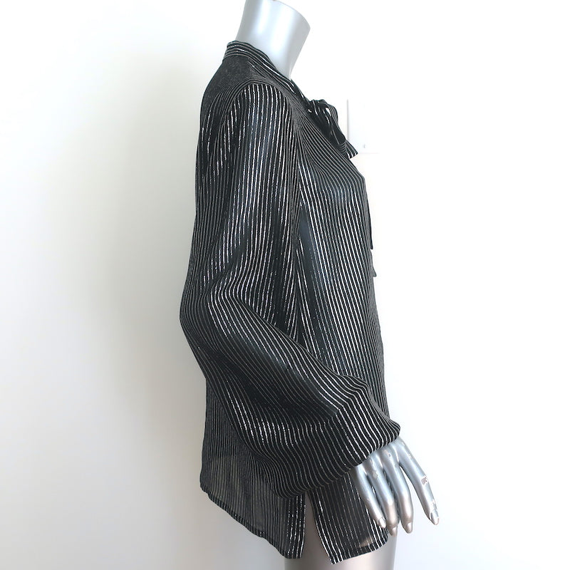 Saint Laurent Lurex-Striped Tie Neck Blouse Black &amp; Silver Chiffon Size 42