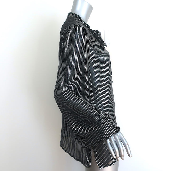Saint Laurent Lurex-Striped Tie Neck Blouse Black &amp; Silver Chiffon Size 42