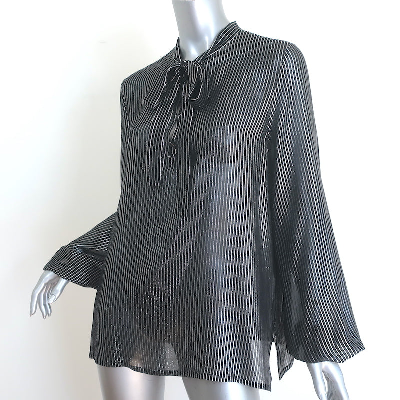 Saint Laurent Lurex-Striped Tie Neck Blouse Black &amp; Silver Chiffon Size 42