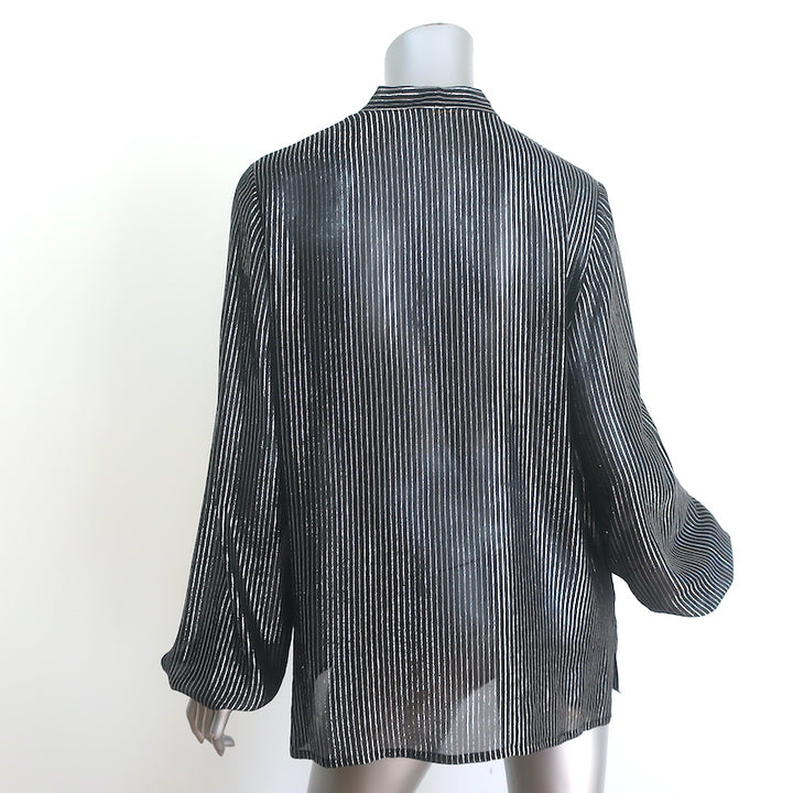 Saint Laurent Lurex-Striped Tie Neck Blouse Black &amp; Silver Chiffon Size 42