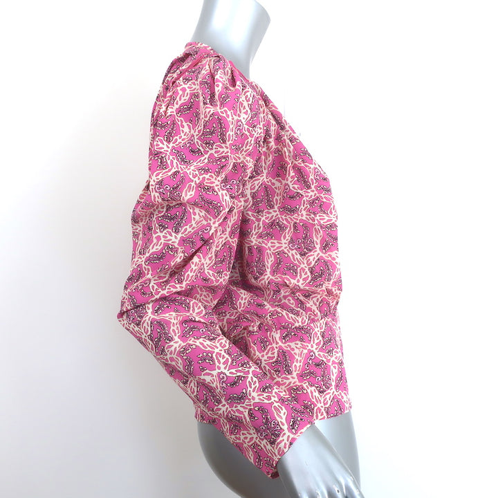 Isabel Marant Zarga Puff Sleeve Blouse Fuchsia Printed Stretch Silk Size 38 NEW