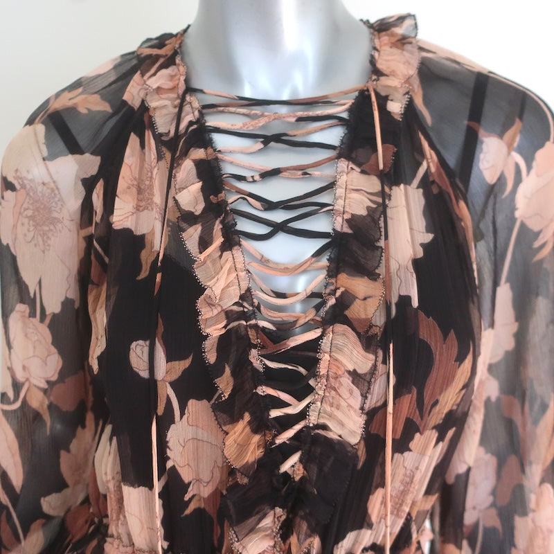 Zimmermann Concert Lace-Up Mini Dress Black Peonies Print Silk Crepon Size 1