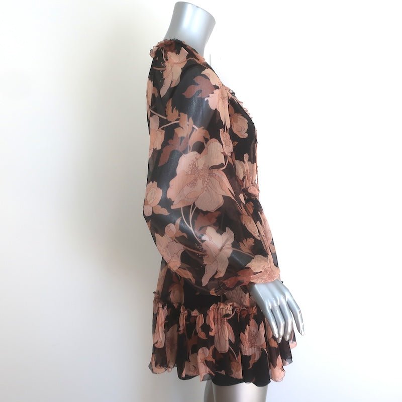Zimmermann Concert Lace-Up Mini Dress Black Peonies Print Silk Crepon Size 1