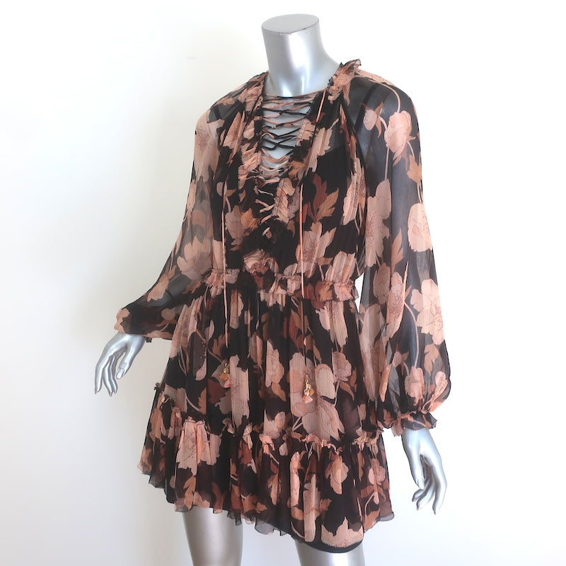 Zimmermann Concert Lace-Up Mini Dress Black Peonies Print Silk Crepon Size 1