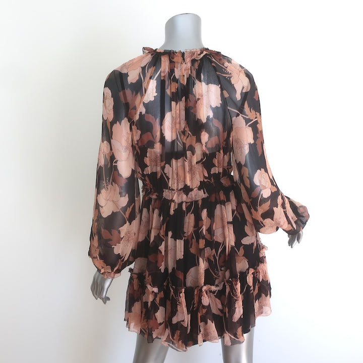 Zimmermann Concert Lace-Up Mini Dress Black Peonies Print Silk Crepon Size 1
