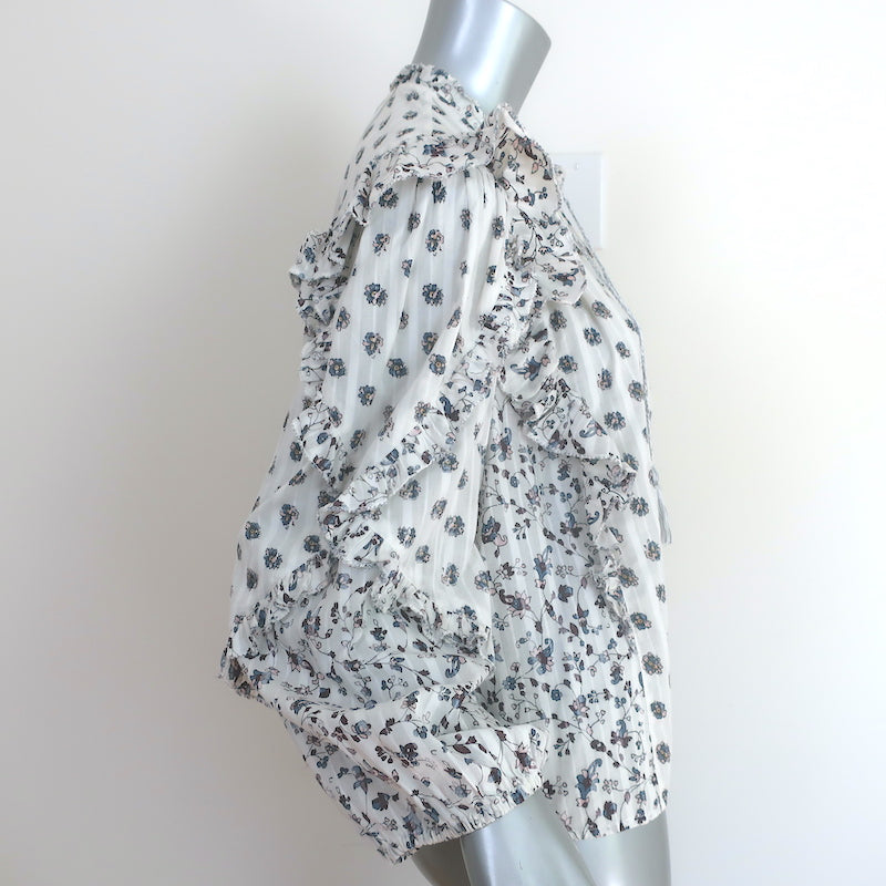 Ulla Johnson Kati Ruffle Blouse White Floral Print Cotton Size 0 Long Sleeve Top