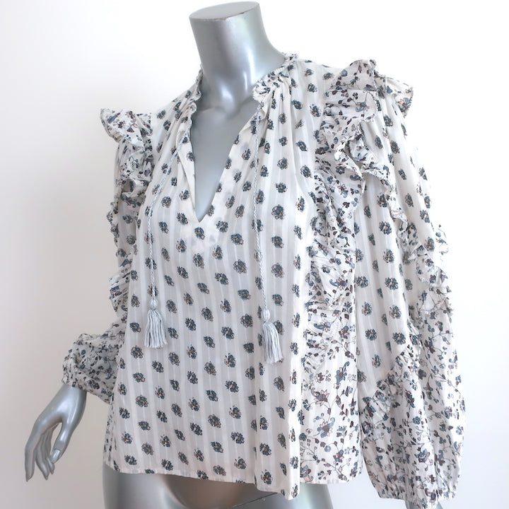 Ulla Johnson Kati Ruffle Blouse White Floral Print Cotton Size 0 Long Sleeve Top