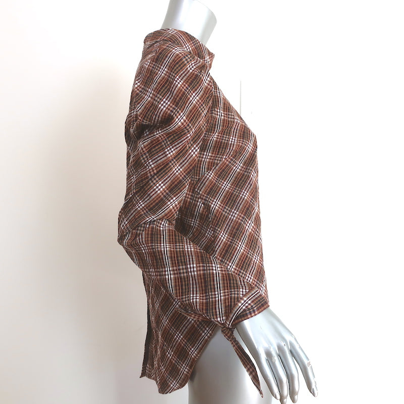 Veronica Beard Puff Sleeve Top Isabel Brown Plaid Size 8 Button-Back Blouse
