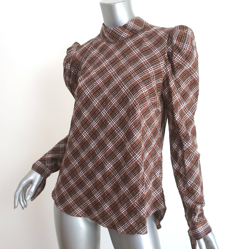 Veronica Beard Puff Sleeve Top Isabel Brown Plaid Size 8 Button-Back Blouse