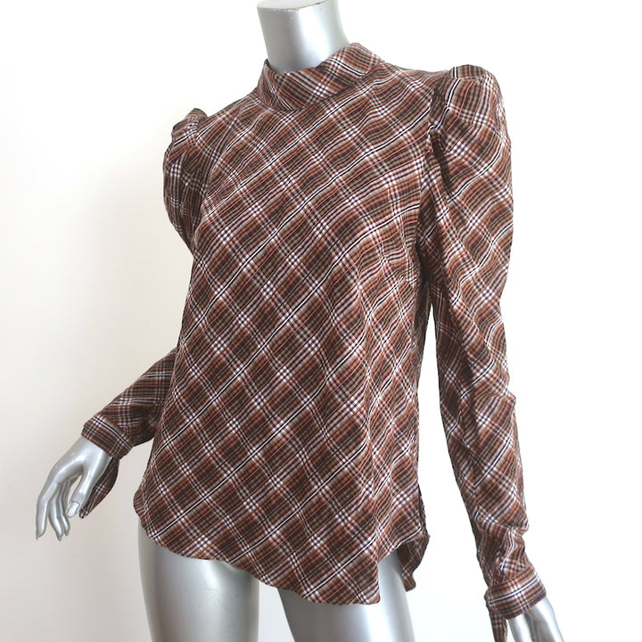 Veronica Beard Puff Sleeve Top Isabel Brown Plaid Size 8 Button-Back Blouse