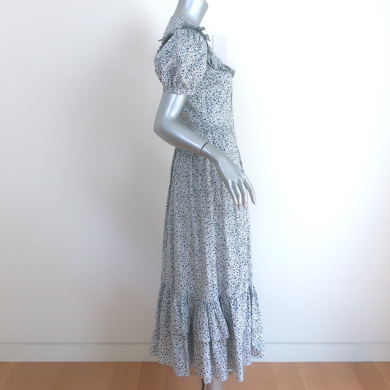 Doen Jolie Ruffle Maxi Dress White/Blue Floral Print Cotton Size Extra Small