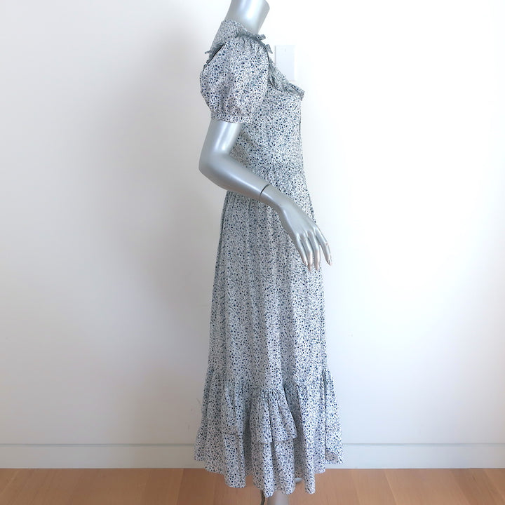 Doen Jolie Ruffle Maxi Dress White/Blue Floral Print Cotton Size Extra Small