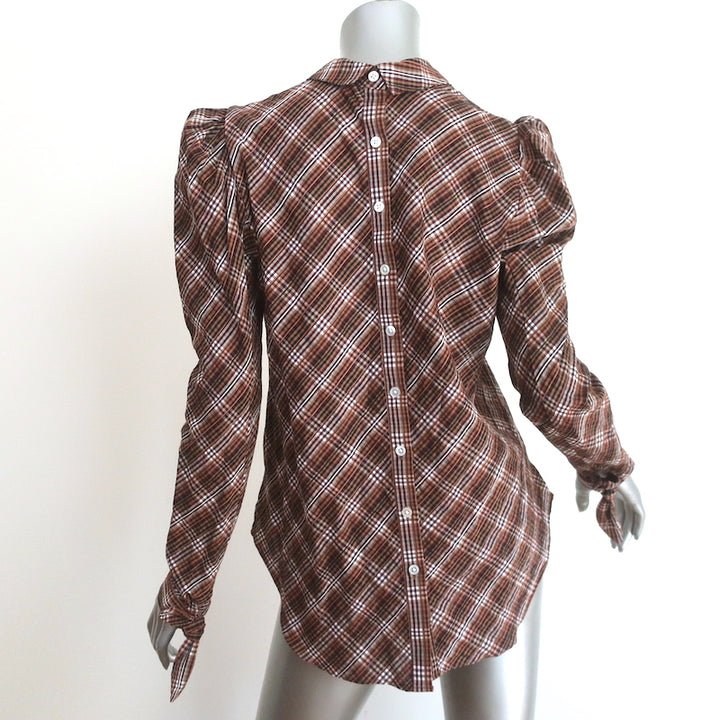Veronica Beard Puff Sleeve Top Isabel Brown Plaid Size 8 Button-Back Blouse