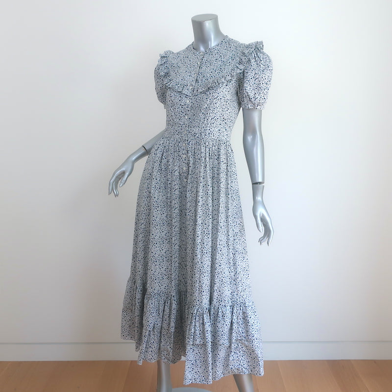 Doen Jolie Ruffle Maxi Dress White/Blue Floral Print Cotton Size Extra Small