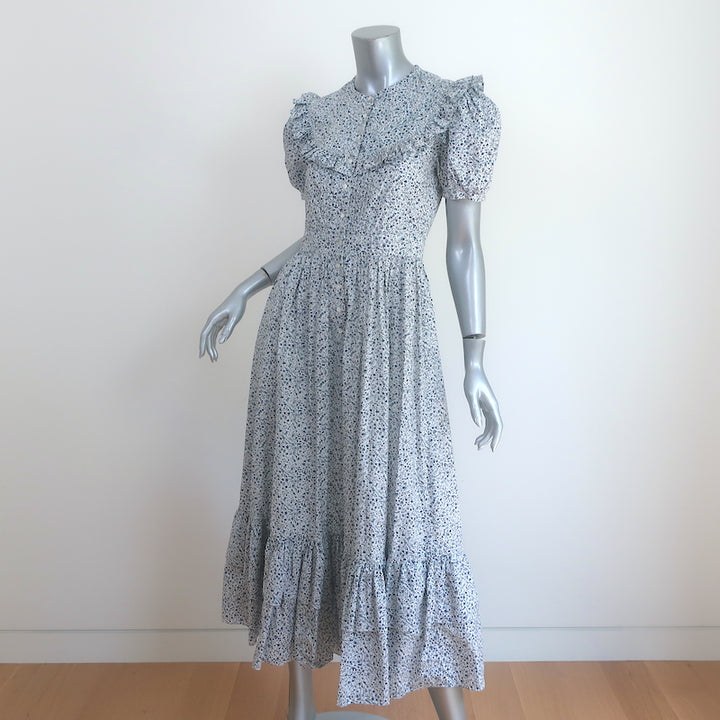 Doen Jolie Ruffle Maxi Dress White/Blue Floral Print Cotton Size Extra Small