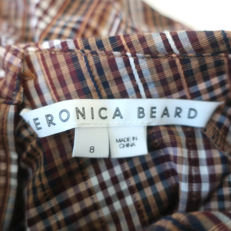 Veronica Beard Puff Sleeve Top Isabel Brown Plaid Size 8 Button-Back Blouse