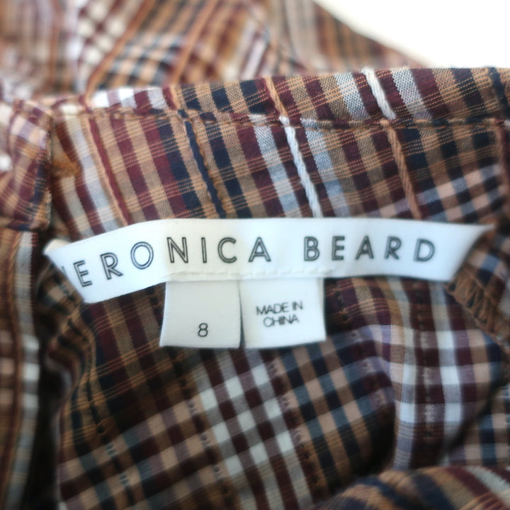 Veronica Beard Puff Sleeve Top Isabel Brown Plaid Size 8 Button-Back Blouse