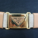 Prada Triangle Logo Stretch Canvas Belt Beige Size 42