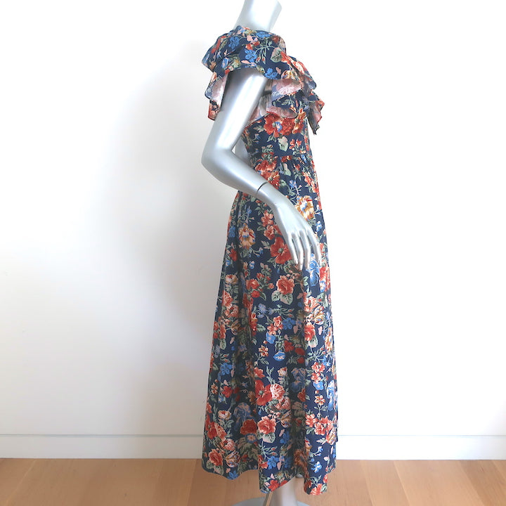 Doen Pecos Ruffle Midi Dress Navy Liberty Floral Print Cotton Size Extra Small