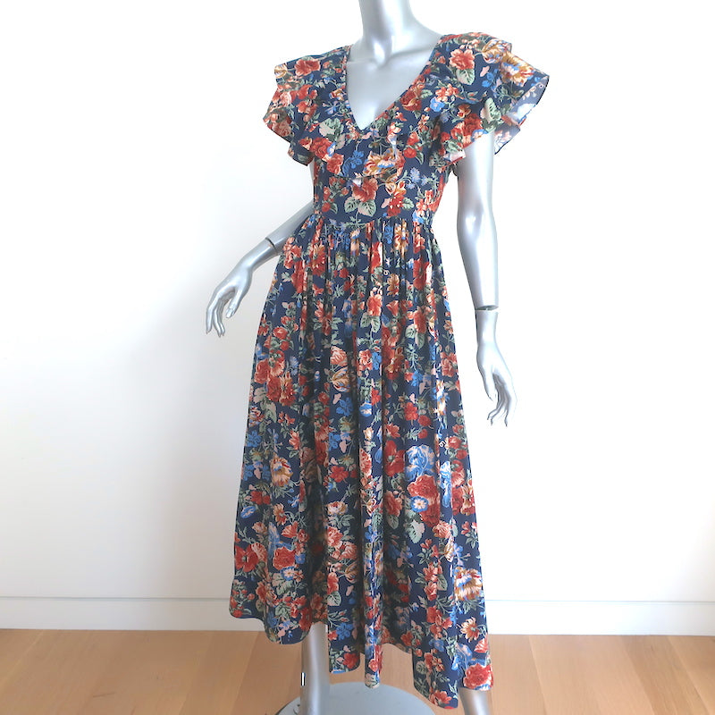 Doen Pecos Ruffle Midi Dress Navy Liberty Floral Print Cotton Size Extra Small