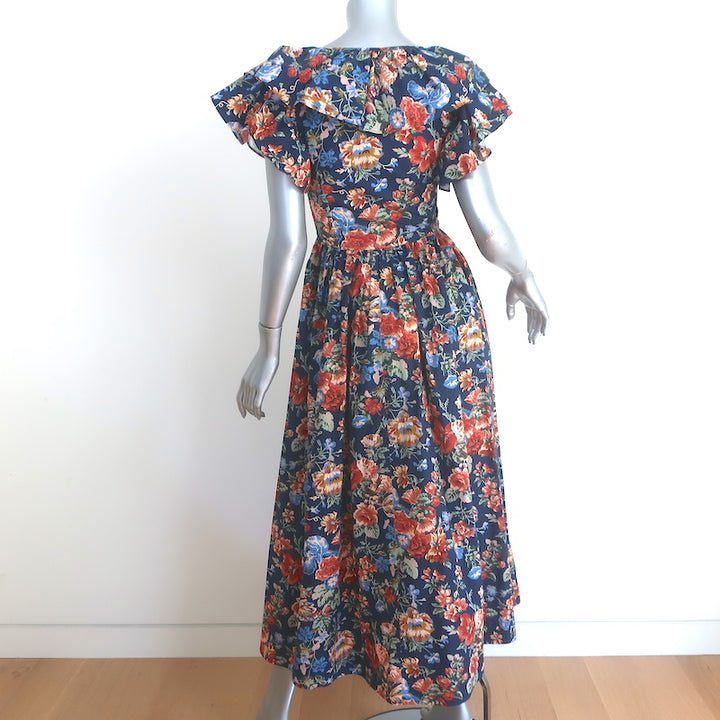 Doen Pecos Ruffle Midi Dress Navy Liberty Floral Print Cotton Size Extra Small
