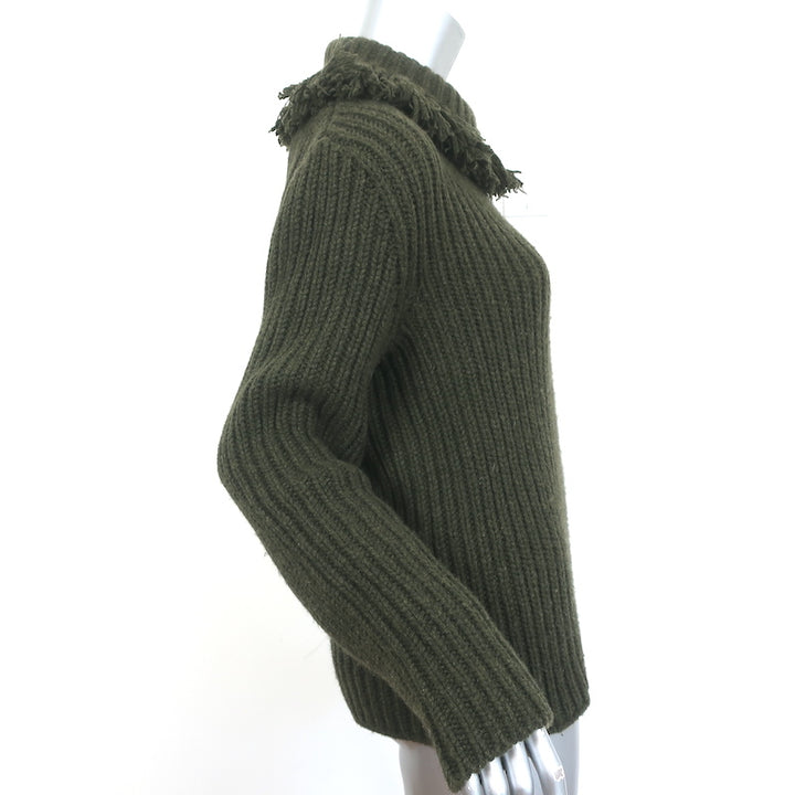 Bottega Veneta Cashmere Fringe Sweater Forest Green Ribbed Knit Size 40