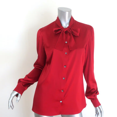 Dolce & Gabbana Pussy Bow Blouse Red Stretch Silk Satin Size 44 Long Sleeve Top