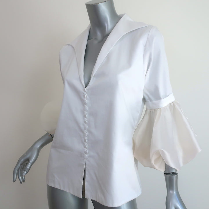Andres Otalora Bell Sleeve Blouse White Cotton &amp; Organza Size 6 Button Down Top
