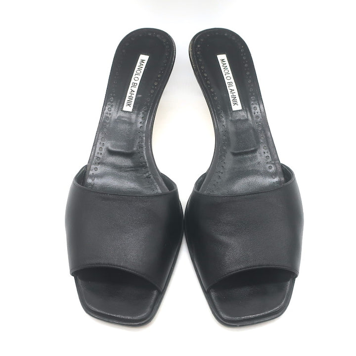 Manolo Blahnik Araspemu Mules Black Leather Size 41 Kitten Heel Slide Sandals