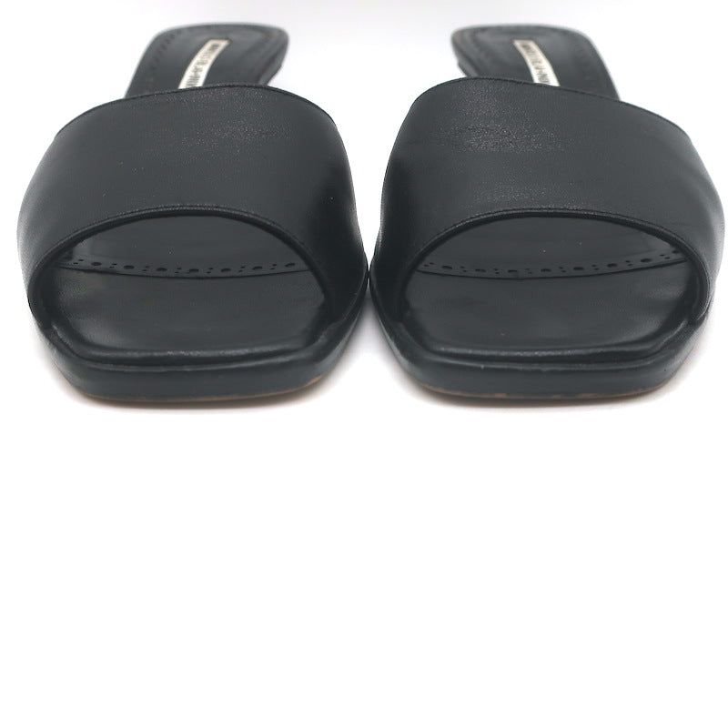 Manolo Blahnik Araspemu Mules Black Leather Size 41 Kitten Heel Slide Sandals