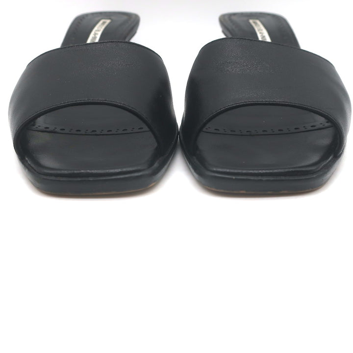 Manolo Blahnik Araspemu Mules Black Leather Size 41 Kitten Heel Slide Sandals