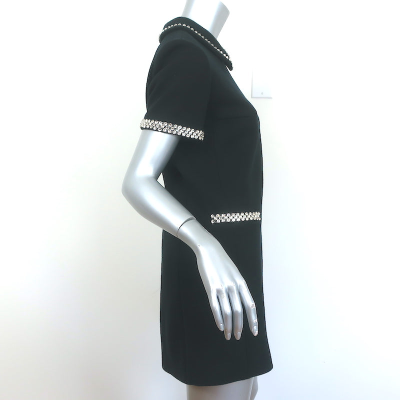 Saint Laurent Crystal-Embellished Collared Mini Dress Black Wool Cady Size 40