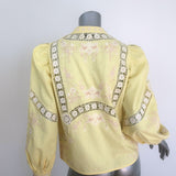 SEA Vesna Floral-Embroidered Puff Sleeve Blouse Pale Yellow Size Small