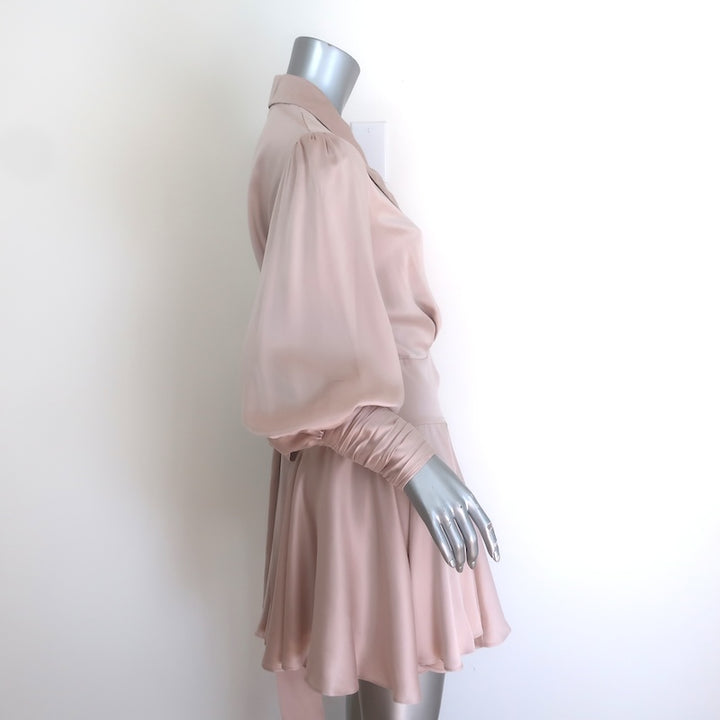 Zimmermann Blouson-Sleeve Mini Wrap Dress Light Pink Silk Satin Size 1