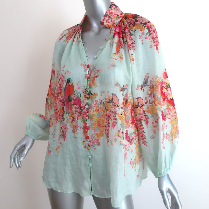 Zimmermann Blouse Mae Mint Bird Floral Print Size 1 Long Sleeve Top
