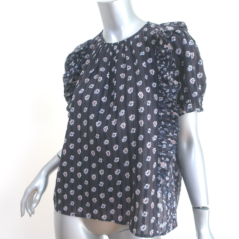 Ulla Johnson Gaia Ruffle Top Dark Brown/Black Floral Print Cotton Size 0