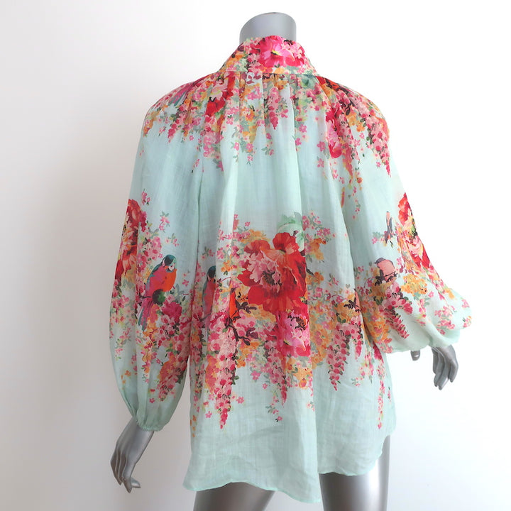 Zimmermann Blouse Mae Mint Bird Floral Print Size 1 Long Sleeve Top
