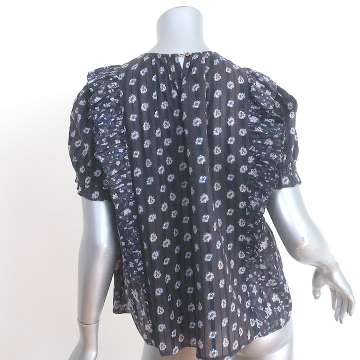 Ulla Johnson Gaia Ruffle Top Dark Brown/Black Floral Print Cotton Size 0