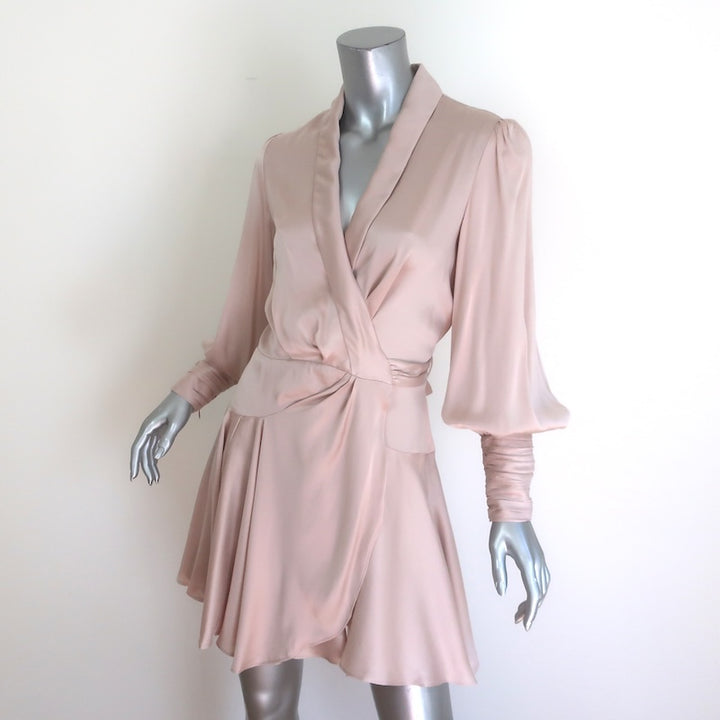 Zimmermann Blouson-Sleeve Mini Wrap Dress Light Pink Silk Satin Size 1