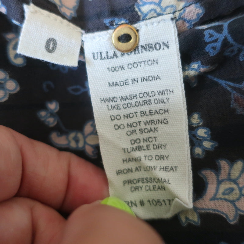 Ulla Johnson Gaia Ruffle Top Dark Brown/Black Floral Print Cotton Size 0