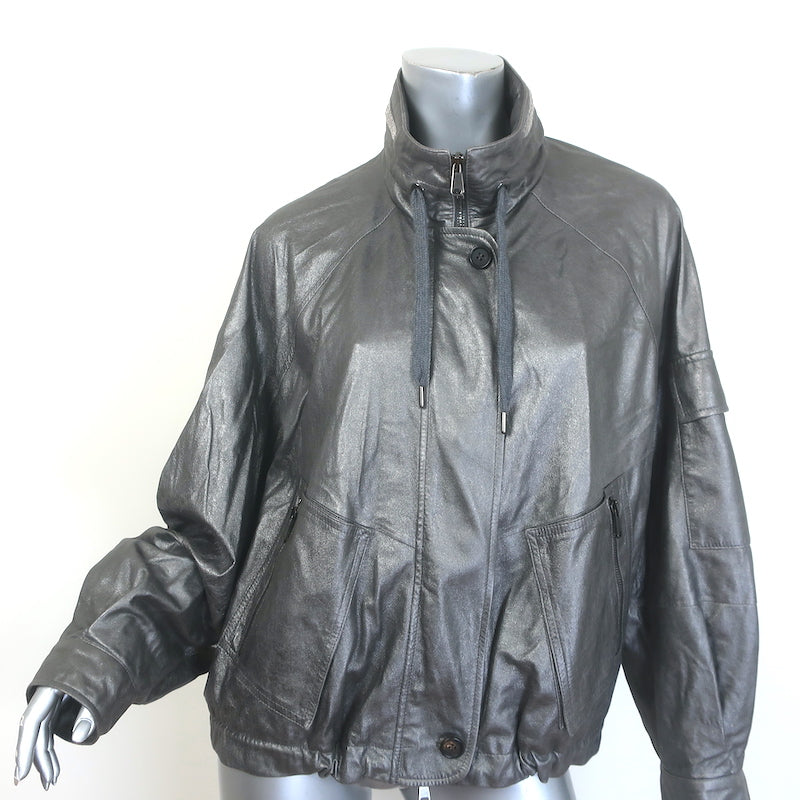 Brunello Cucinelli Monili-Trim Metallic Leather Bomber Jacket Silver Size 42