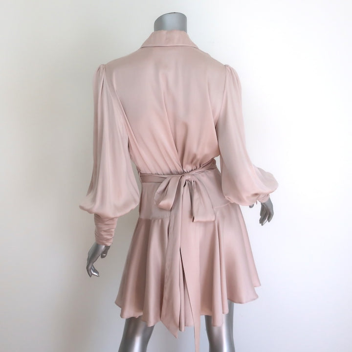 Zimmermann Blouson-Sleeve Mini Wrap Dress Light Pink Silk Satin Size 1